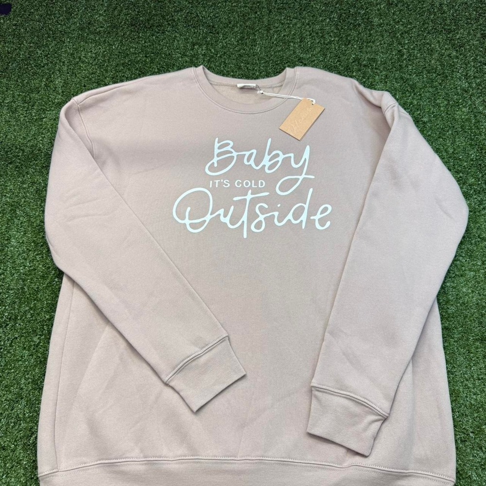 NWT Oat Collective Tan "Baby it's Cold Outside" Crewneck Pullover Winter Large